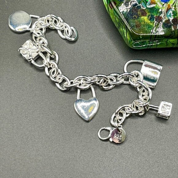 Sterling Silver 925 Chain bracelet with Lock Charms #1226 - Picture 8 of 9